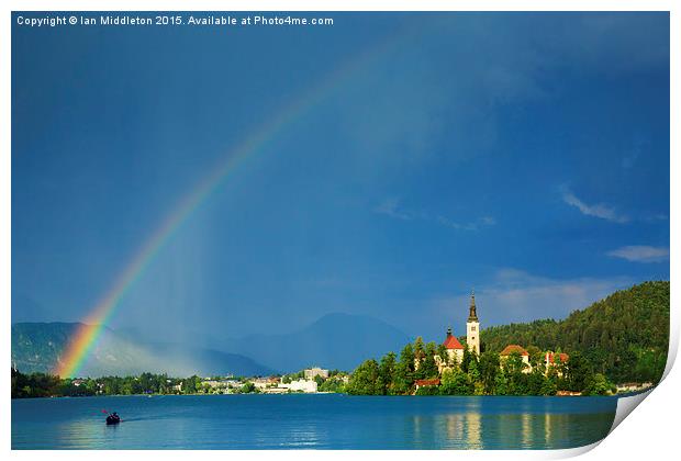 Rainbow over Lake Bled Print by Ian Middleton