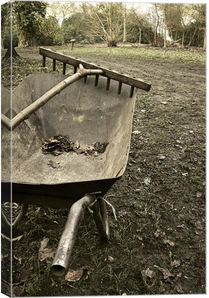 Wheelbarrow and wooden rake Canvas Print by Stephen Mole