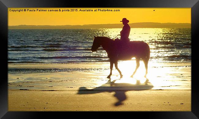  Silhouette and shadows of horse and rider Framed Print by Paula Palmer canvas