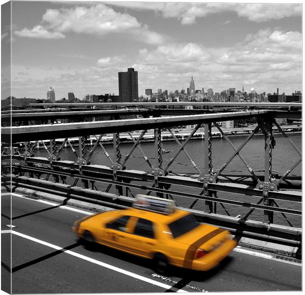  Yellow cab on Brooklyn Bridge, New York Canvas Print by Peter Schneiter