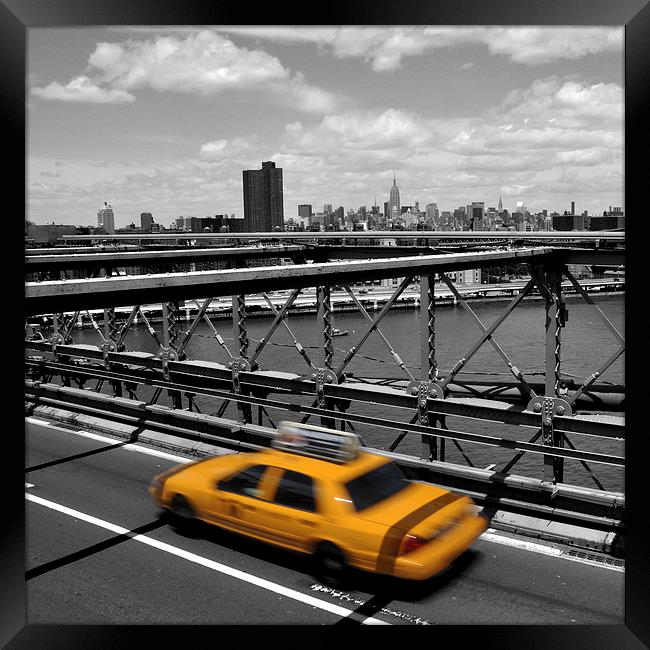  Yellow cab on Brooklyn Bridge, New York Framed Print by Peter Schneiter