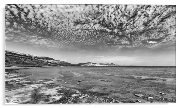  Charmouth and Golden Cap in monochrome. Acrylic by Mark Godden