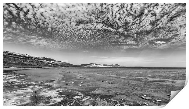  Charmouth and Golden Cap in monochrome. Print by Mark Godden