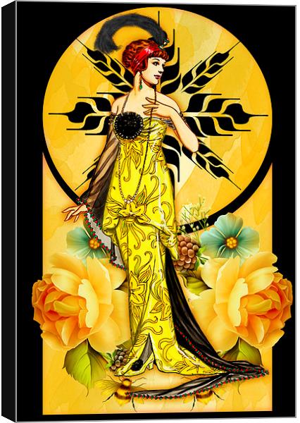 Deco Delight - Art Deco Female In Yellow Dress Oil Canvas Print by Tanya Hall