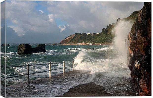 Rough Sea at Meadfoot Beach Torquay Canvas Print by Rosie Spooner
