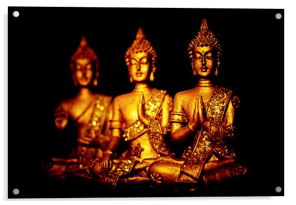  Three peaceful golden Buddha statues in different Acrylic by Julian Bound