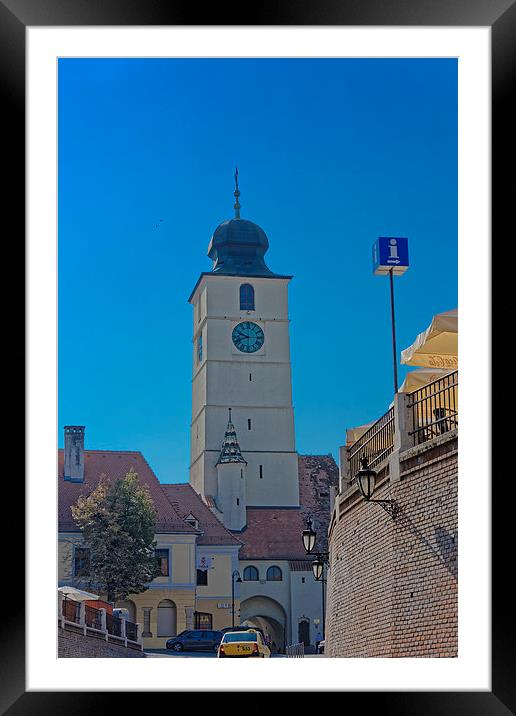 Council Tower Sibiu Romania tower on blue sky Framed Mounted Print by Adrian Bud