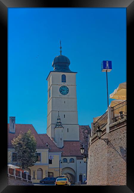 Council Tower Sibiu Romania tower on blue sky Framed Print by Adrian Bud