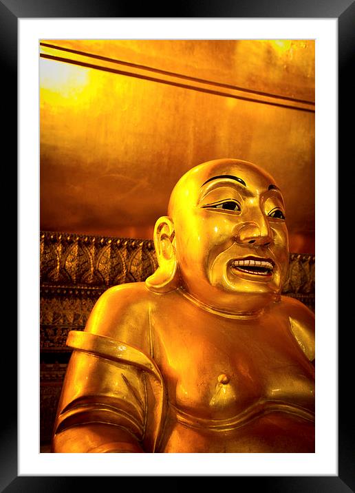 Lucky smiling Buddha of Wat Pho, Bangkok, Thailand Framed Mounted Print by Julian Bound