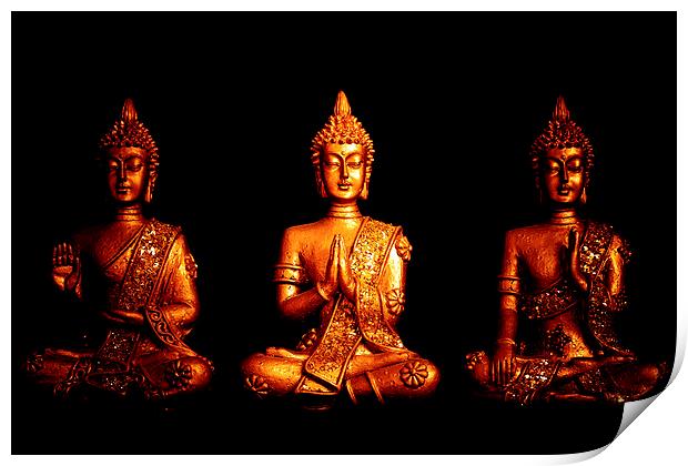 Three golden Buddhas Print by Julian Bound