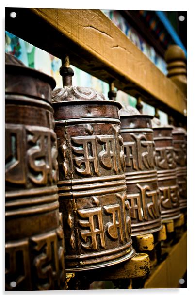 Tibetan Buddhist prayer wheels of Boudhanath stupa Acrylic by Julian Bound