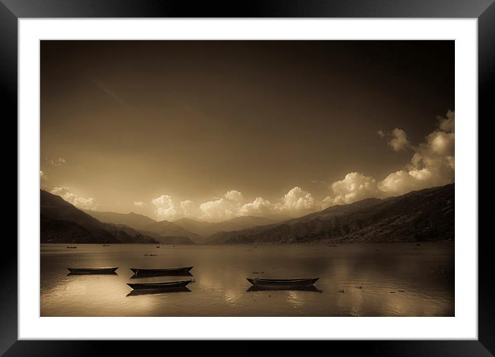 Fewa Lake and boats in sepia, Pokhara, Nepal Framed Mounted Print by Julian Bound
