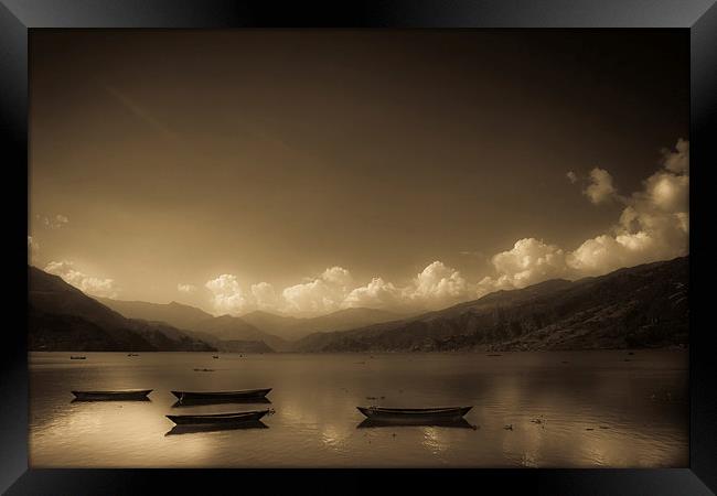 Fewa Lake and boats in sepia, Pokhara, Nepal Framed Print by Julian Bound