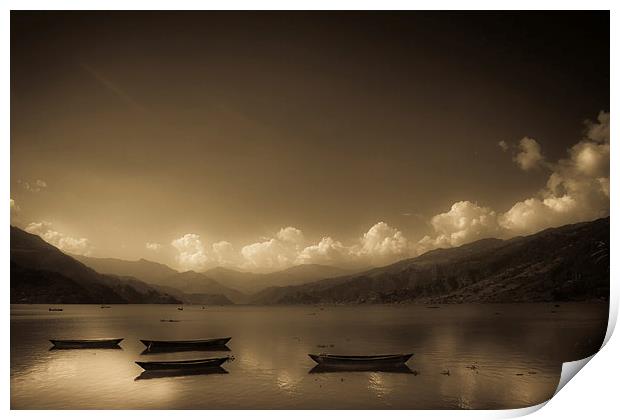 Fewa Lake and boats in sepia, Pokhara, Nepal Print by Julian Bound