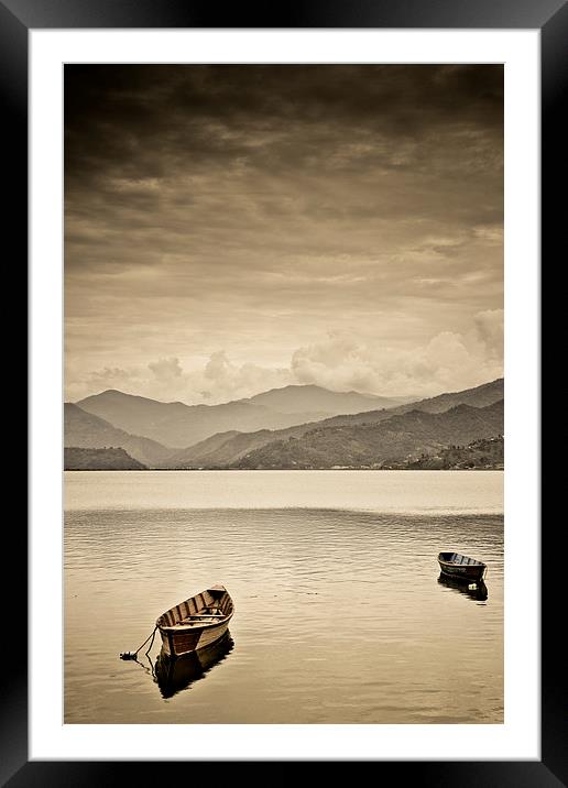  Lone boats on Fewa Lake, Pokhara, Nepal Framed Mounted Print by Julian Bound