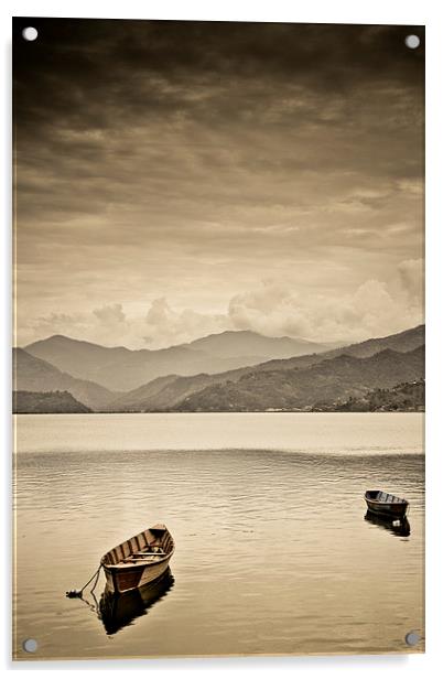  Lone boats on Fewa Lake, Pokhara, Nepal Acrylic by Julian Bound