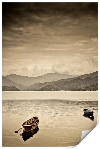  Lone boats on Fewa Lake, Pokhara, Nepal Print by Julian Bound