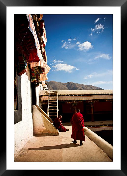 Two old Buddhist monks of Drepung Monastery, Tibet Framed Mounted Print by Julian Bound