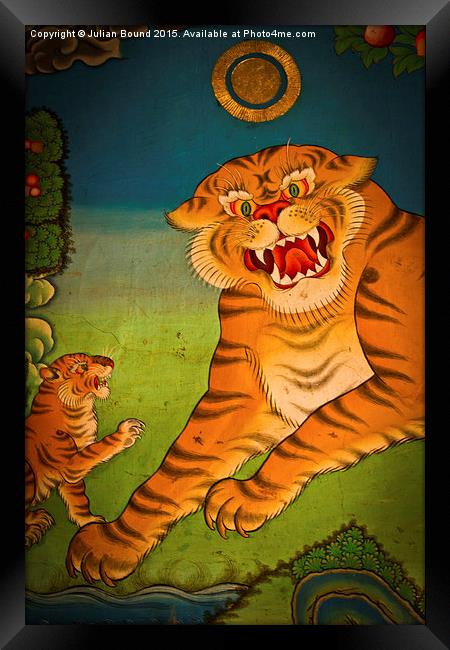Tiger painting of Tashilompu Monastery, Shigaste,  Framed Print by Julian Bound