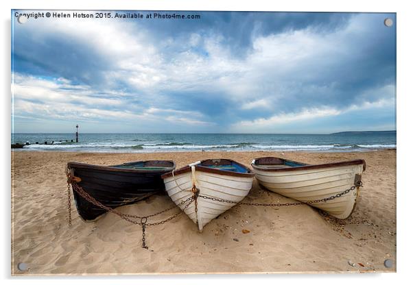 Boats On A Sandy Beach Acrylic by Helen Hotson