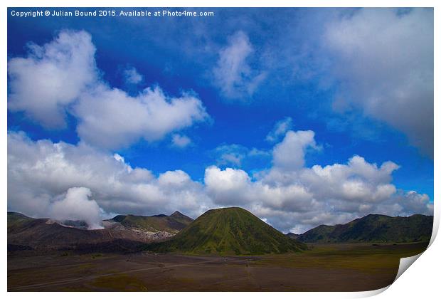 Blue skies over Bromo volcano, Indonesia Print by Julian Bound