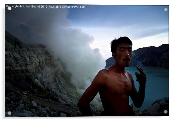 Sulphur miner of Ijen volcano, Java, Indonesia Acrylic by Julian Bound