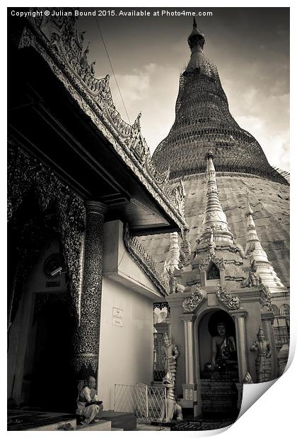 Shwedagon Pagoda and nun, Yangon, Mynamar Print by Julian Bound