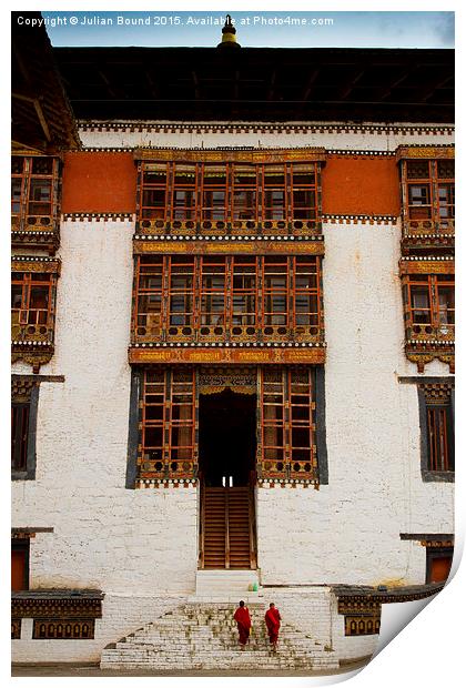 Two monks of Tashi Chho Dzong Fortress, Bhutan Print by Julian Bound