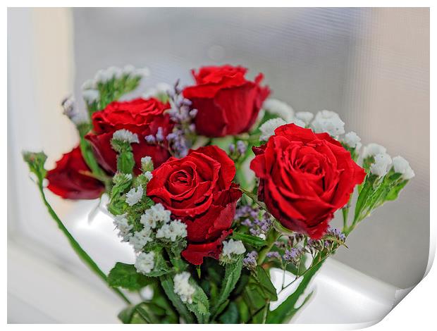 Bouquet of red roses with white carnations Print by Adrian Bud