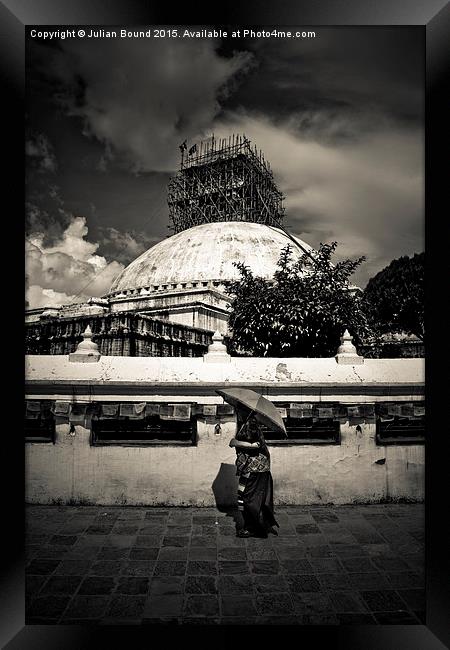 Stupa repairs, Boudhanath Temple, Kathmandu, Nepal Framed Print by Julian Bound