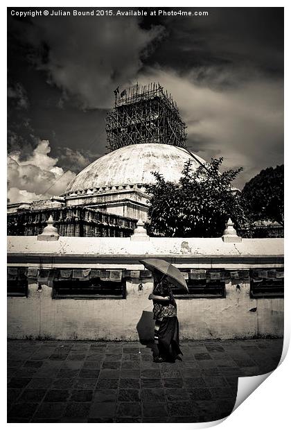 Stupa repairs, Boudhanath Temple, Kathmandu, Nepal Print by Julian Bound