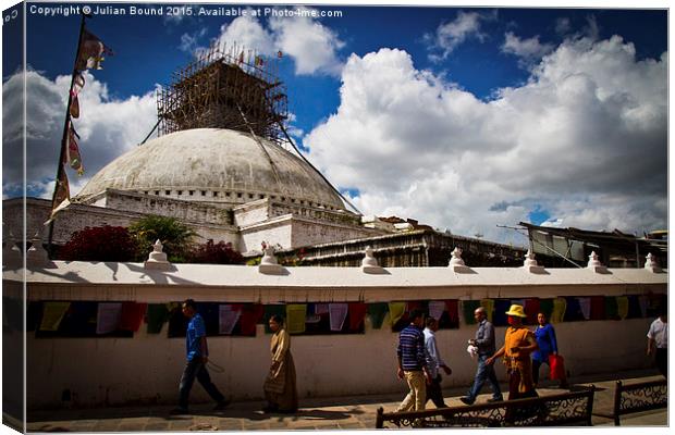 Stupa repairs, Boudhanath Temple, Kathmandu, Nepal Canvas Print by Julian Bound