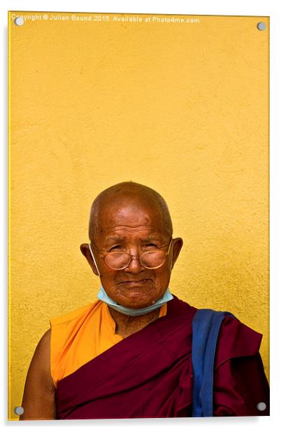 Elderly Tibetan Buddhist monk, Boudhanath, Kathman Acrylic by Julian Bound