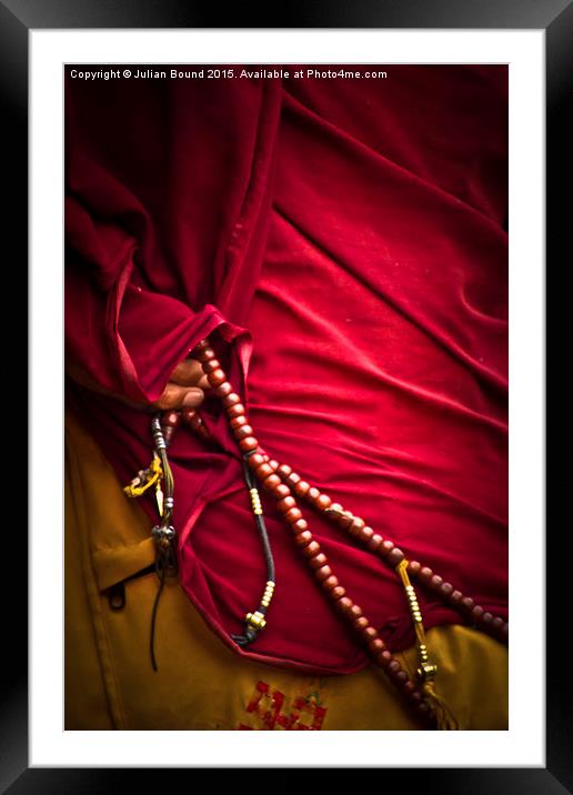 Tibetan monk and beads, Boudhanath Temple, Kathman Framed Mounted Print by Julian Bound