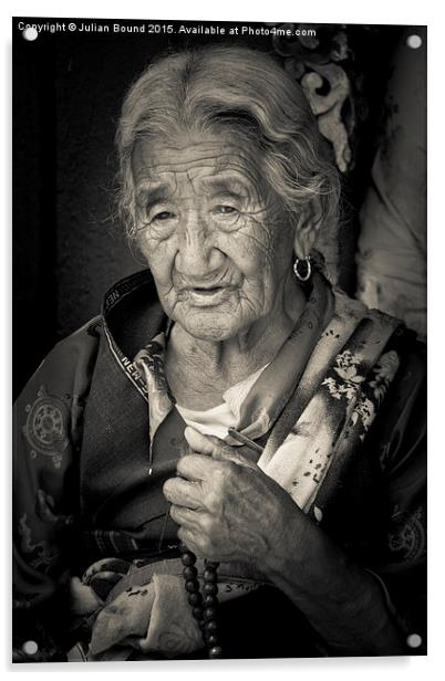 Elderly Tibetan lady, Boudhanath Temple, Kathmandu Acrylic by Julian Bound