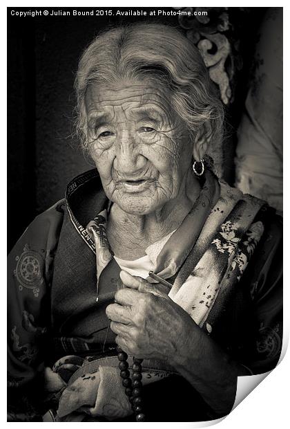 Elderly Tibetan lady, Boudhanath Temple, Kathmandu Print by Julian Bound