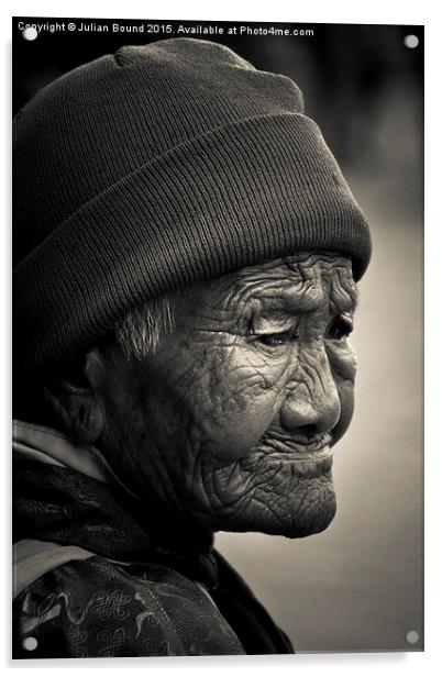 Elderly Tibetan lady, Boudhanath Temple, Kathmandu Acrylic by Julian Bound