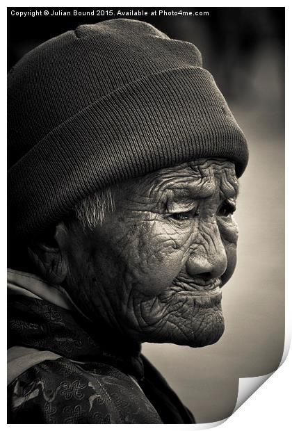 Elderly Tibetan lady, Boudhanath Temple, Kathmandu Print by Julian Bound