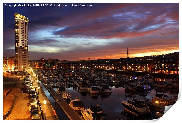  Swansea Marina at sunset. Print by HELEN PARKER