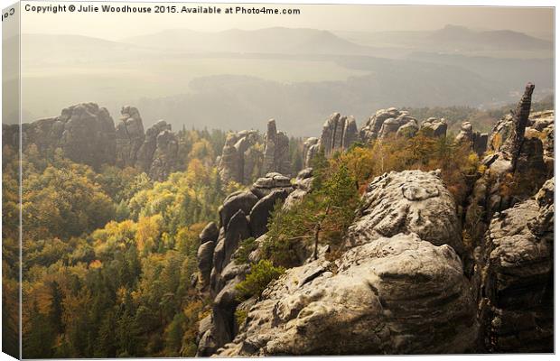 view of the Schrammstein rocks in the Elbe Sandsto Canvas Print by Julie Woodhouse