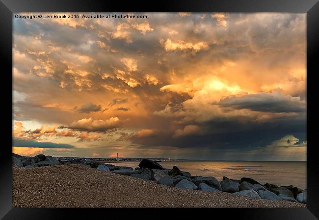 Lancing Beach with dramatic clouds Framed Print by Len Brook