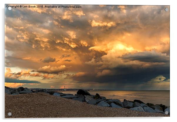 Lancing Beach with dramatic clouds Acrylic by Len Brook