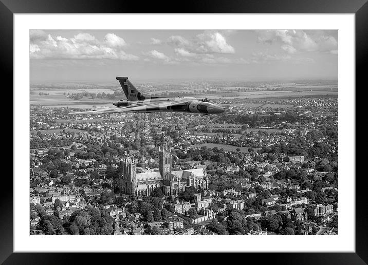 Avro Vulcan passing Lincoln Cathedral black and wh Framed Mounted Print by Gary Eason