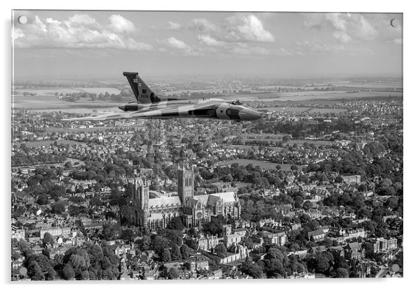 Avro Vulcan passing Lincoln Cathedral black and wh Acrylic by Gary Eason