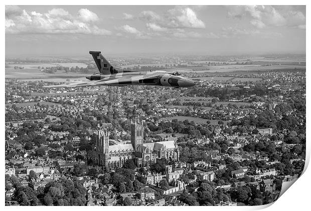 Avro Vulcan passing Lincoln Cathedral black and wh Print by Gary Eason