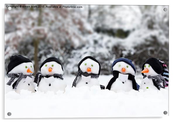 Cute snowman group in snow  Acrylic by Simon Bratt LRPS