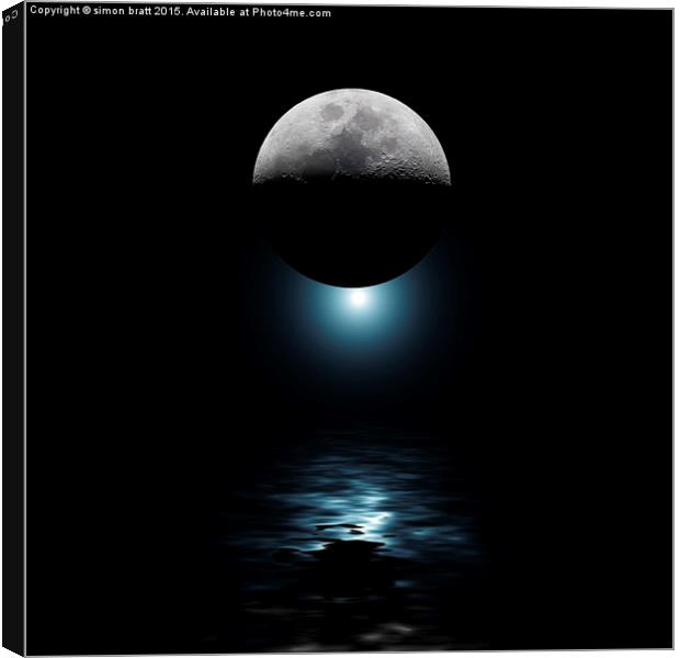 Backlit moon and blue star over water Canvas Print by Simon Bratt LRPS