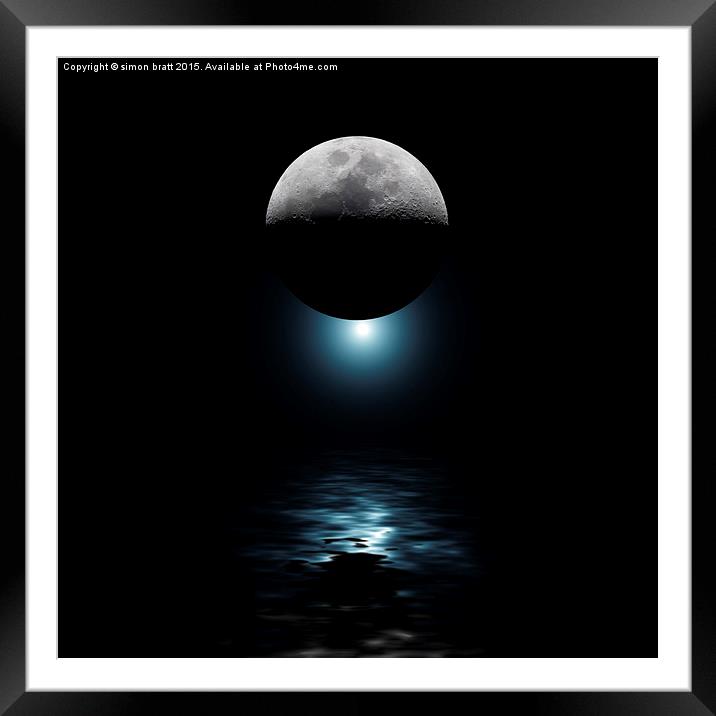 Backlit moon and blue star over water Framed Mounted Print by Simon Bratt LRPS