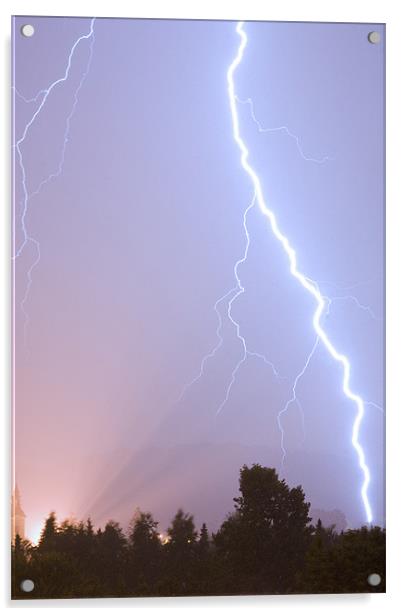 Lightning over residential area of Ljubljana. Acrylic by Ian Middleton