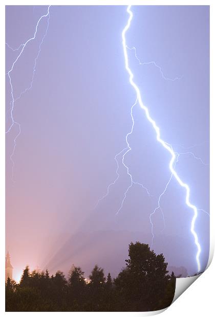 Lightning over residential area of Ljubljana. Print by Ian Middleton